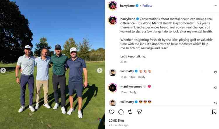 凯恩社媒宣传世界心理健康日：散步、聚会、和家人相处都会有帮助